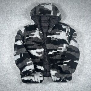 Eddie Bauer Puffer Jacket Boys Size XL 14-16 Black Reversible‎ Grey Camo